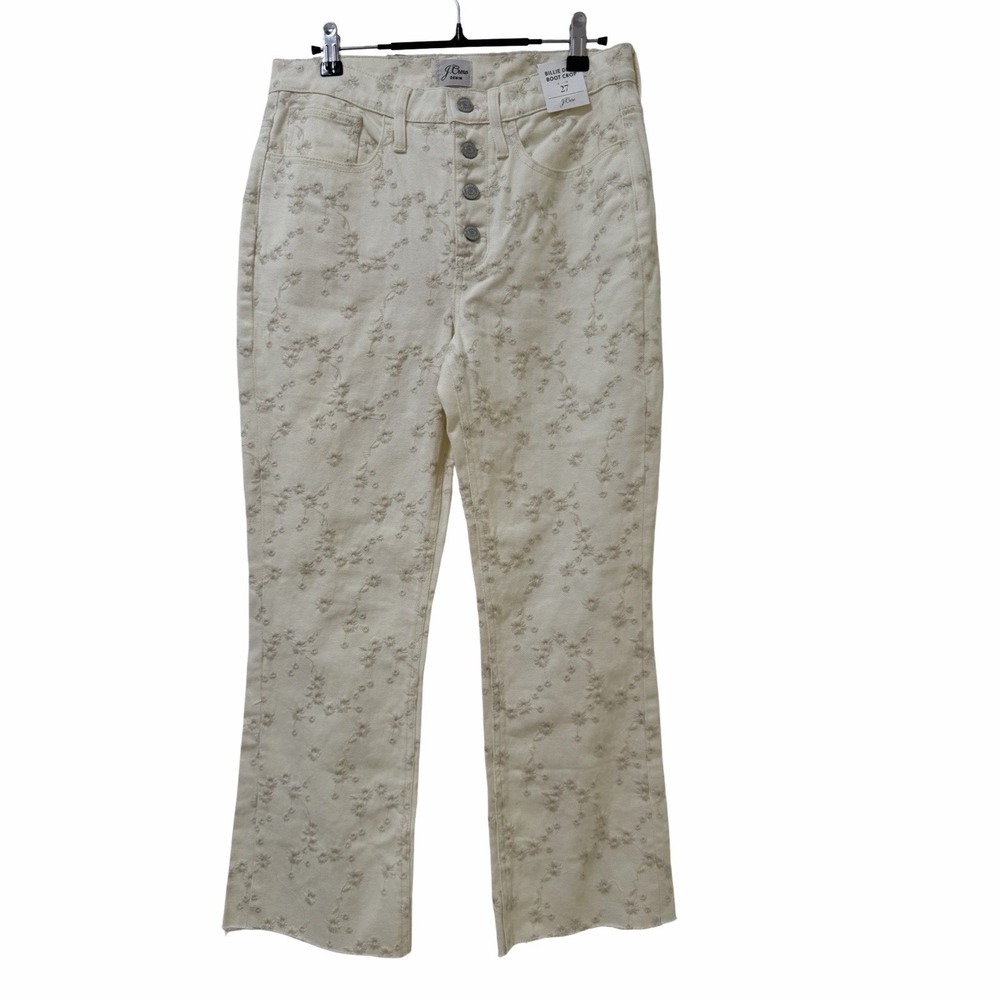 J Crew Womens Billie Demi Boot Crop Embroidered Jeans Size 27 Cream Button Fly